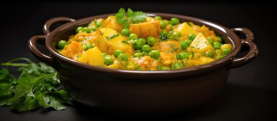 Exquisite Vegan Cuisine: Delicious Bowl of Homemade Potato Peas Curry with a Medley of Flavors