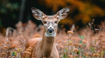 Fototapeta premium A graceful white deer roams among the green forest. The beauty of brown natural wildlife