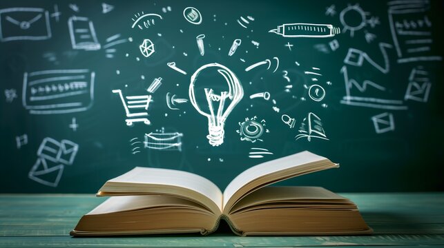 Education and knowledge, showcasing a bright light bulb symbolizing innovative ideas, surrounded by books and educational materials that represent learning, study, and the pursuit of self-development