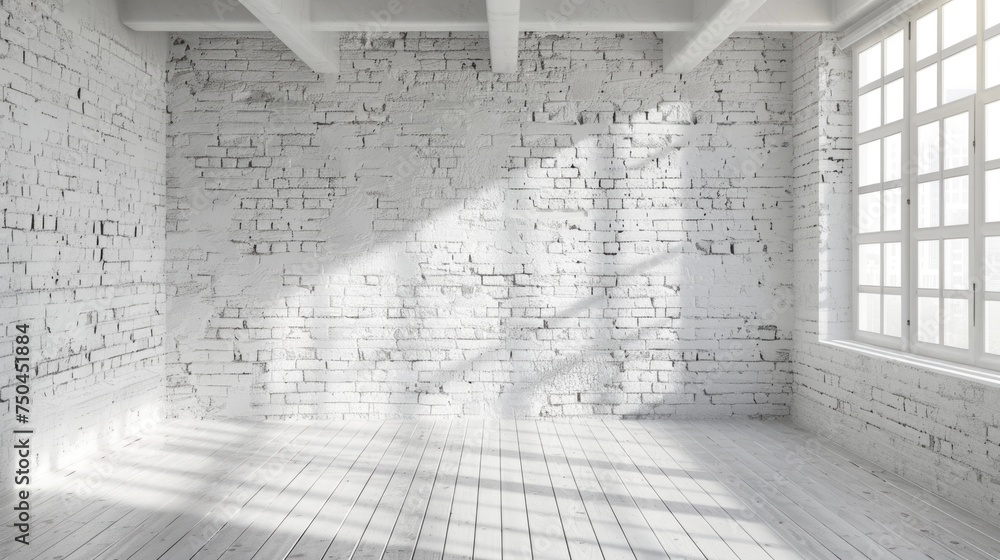 Poster interior of a room with a brick wall and a window. suitable for architectural design projects