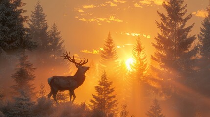 A graceful white deer roams among the green forest. The beauty of brown natural wildlife