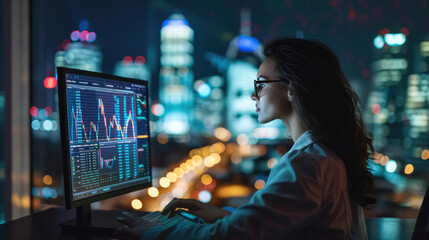 A young woman  sitting at a desk, looking at a computer screen and analyzing stock charts, with a cityscape in the background