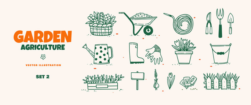 Gardener set in linear style. A basket with flowers, a wheelbarrow, a hose, gloves, seeds, a watering can and plants on a light background. Vector illustration for garden or flower shop design.