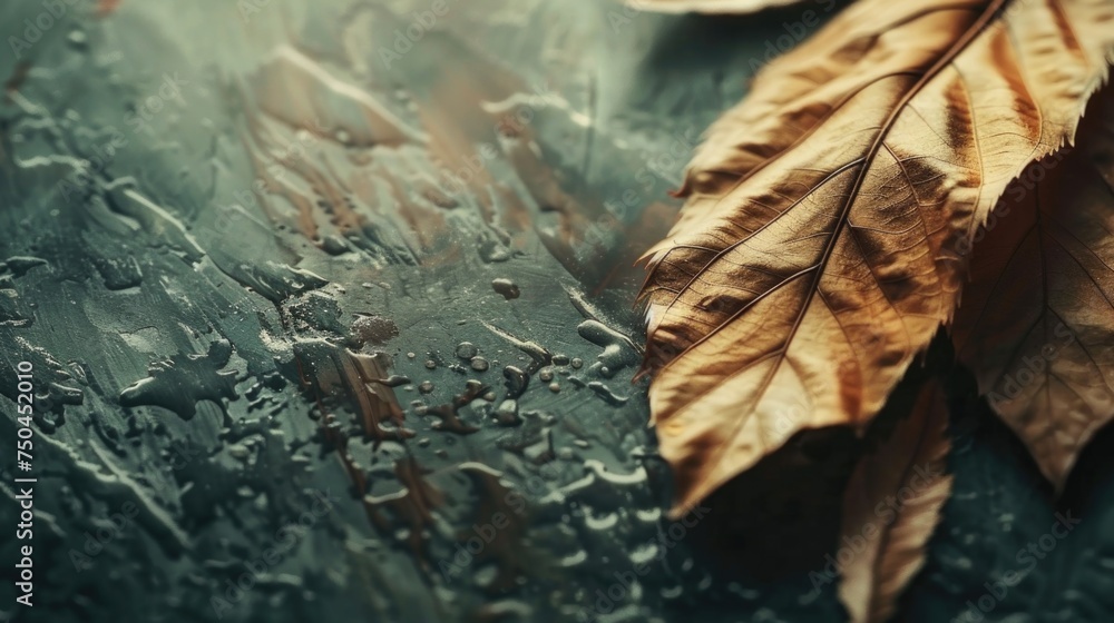 Poster close-up of a leaf on a wet surface, perfect for nature backgrounds