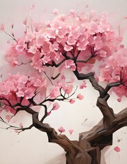 Blooming Branches - A painting of a tree with pink flowers, showcasing the beauty of nature and the arrival of spring. Generative AI