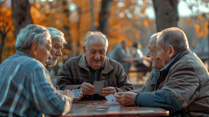 A group of senior citizens playing cards at a community center with a park in the background