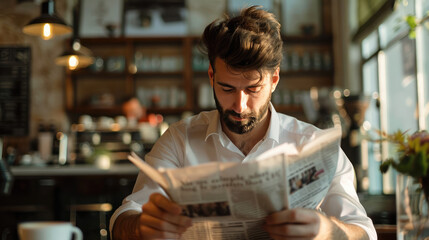 A young man reading a newspaper, with a coffee shop in the background. - obrazy, fototapety, plakaty