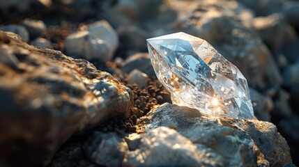 Obraz premium A sparkling diamond resting on a pile of rocks. Perfect for jewelry or geology concepts