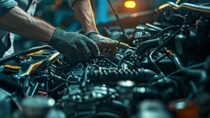 Foto op Plexiglas auto mechanic working in workshop, close up a car mechanic repairing car engine, service worker at the work © Gegham