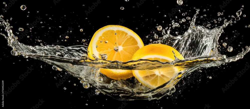 Poster vibrant lemon slice creates a refreshing splash in crystal clear water