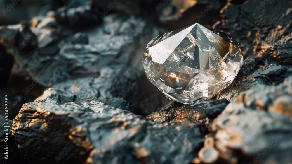 Poster a sparkling diamond resting on a pile of rocks. suitable for jewelry or nature concepts