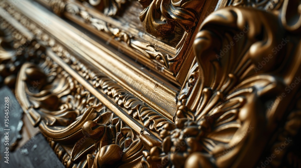 Poster close up of a detailed gold ornate frame, suitable for adding a touch of elegance to any design proj