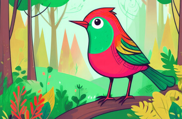 Fototapeta premium bright drawing of a bird sitting on a branch in the spring forest. Animal print for fabric, paper