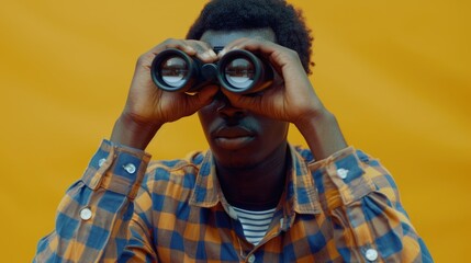 A man looking through a pair of binoculars. Ideal for travel or exploration concepts