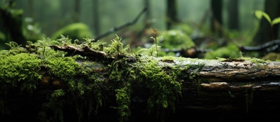 Tranquil Mossy Log Covered in Lush Green Moss and Scattered Natural Debris