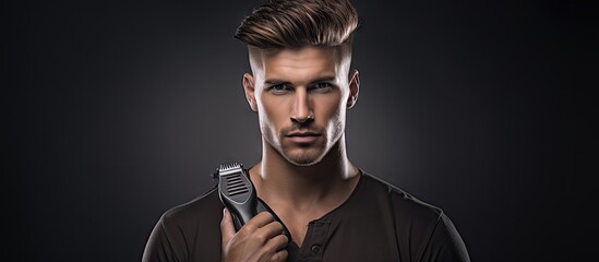 Stylish Man Using Hair Clipper for Grooming in a Modern Barbershop Interior - obrazy, fototapety, plakaty