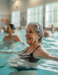 A group of vibrant and diverse mature women, ranging from different ethnicities and backgrounds, laughing and splashing in a crystal clear pool as they participate in an aqua gym class
