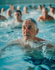 Fototapeta premium A group of vibrant and diverse mature man, ranging from different ethnicities and backgrounds, laughing and splashing in a crystal clear pool as they participate in an aqua gym class