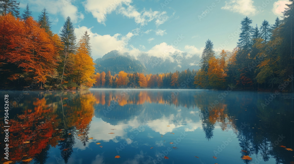 Poster tranquil autumn scenery with vibrant foliage reflecting in the calm waters of a forest lake under a 
