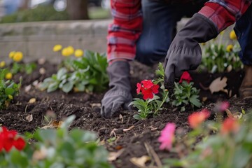 gardener planting flowers in garden bed 