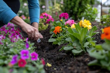 gardener planting flowers in garden bed