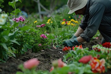 gardener planting flowers in garden bed 