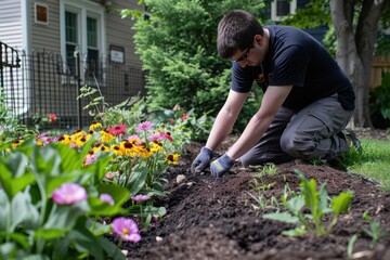 gardener planting flowers in garden bed