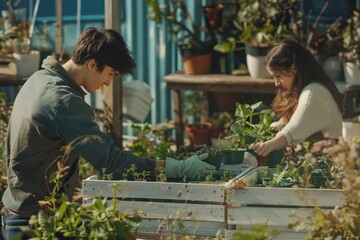 Guy gardener in garden gloves puts the pots with seedlings in the white wooden box on the table and a girl prunes plants in the wonderful nursery-garden on a sunny day. 