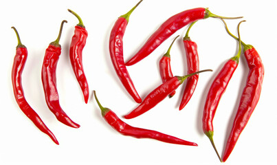 Chiles toreados neatly arranged, top-down view isolated on white background. Mexican cuisine ingredient concept. Design for spice profiles and culinary articles - obrazy, fototapety, plakaty