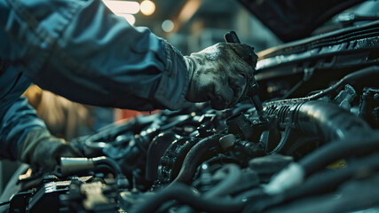 auto mechanic working in workshop, close up a car mechanic repairing car engine, service worker at the work - obrazy, fototapety, plakaty