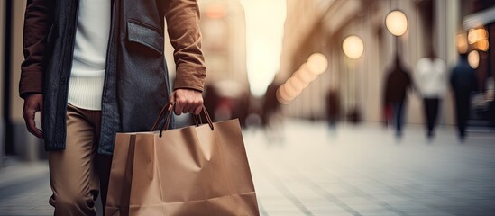 Stylish Urban Shopper Walking Down Street with Brown Bag in Hand Closeup