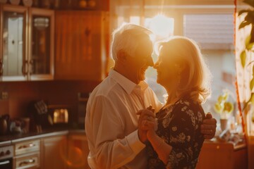 Happy affectionate loving middle aged mature couple dancing at home in kitchen. Smiling older senior man and woman in love having fun at home enjoying dance lit with sunlight. - obrazy, fototapety, plakaty