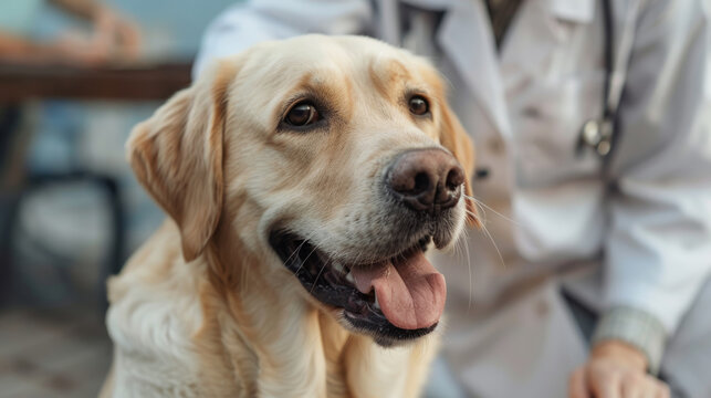 A close-up image capturing the loyal and happy expression of a golden retriever, with the blurred background hinting at a veterinarian's presence.