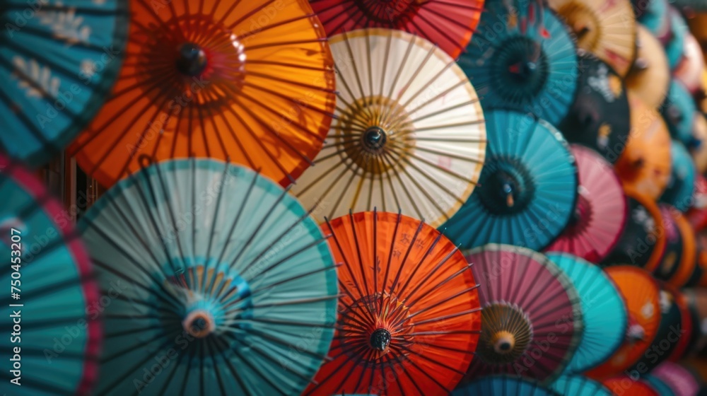 Poster colorful umbrellas hanging on a wall, perfect for adding a pop of color to any room
