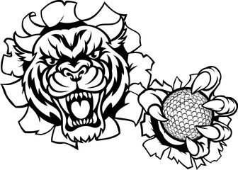 A tiger cat animal sports mascot holding golf ball breaking through the background with its claws