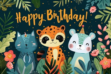 adorable hand drwan animals theme birthday party for kids vector, with text "Happy Birthday!" 