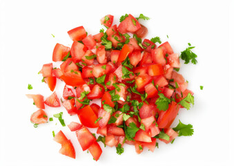 Diced pico de gallo, fresh and vibrant, top-down view isolated on white background. Authentic Mexican salsa concept. Design for food blogs and culinary articles