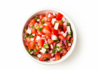 Pico de gallo, fresh and vibrant in a bowl, top-down view isolated on white background. Traditional Mexican salsa concept. Design for cookbook recipes and healthy eating guides