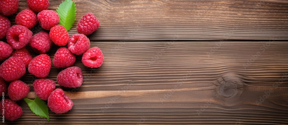 Poster A Vibrant Array of Fresh Raspberries Arranged on a Rustic Wooden Table