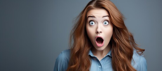 Surprised Red-Haired Woman with Big Blue Eyes Expressing Shock and Amazement - obrazy, fototapety, plakaty