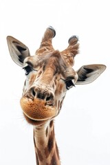 Close up of a giraffe's face on a white background. Suitable for educational materials or wildlife-themed designs