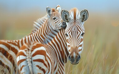 Naklejka premium In the Golden Glow, a Zebra Foal Cuddles Up to an Adult