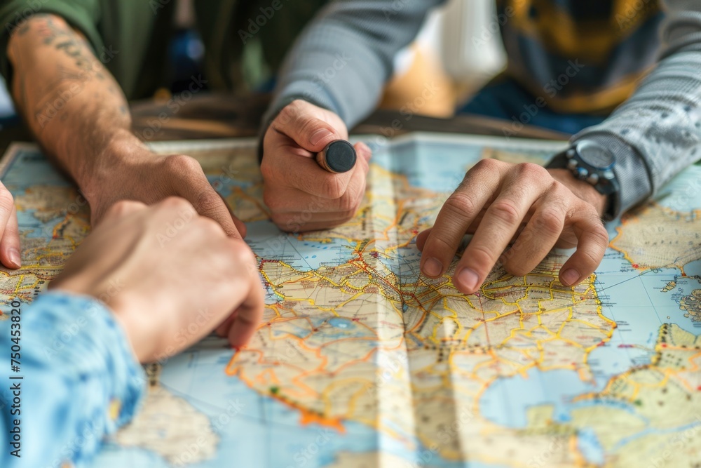 Fototapete a group of people sitting around a table with a map. ideal for business meetings and teamwork concep