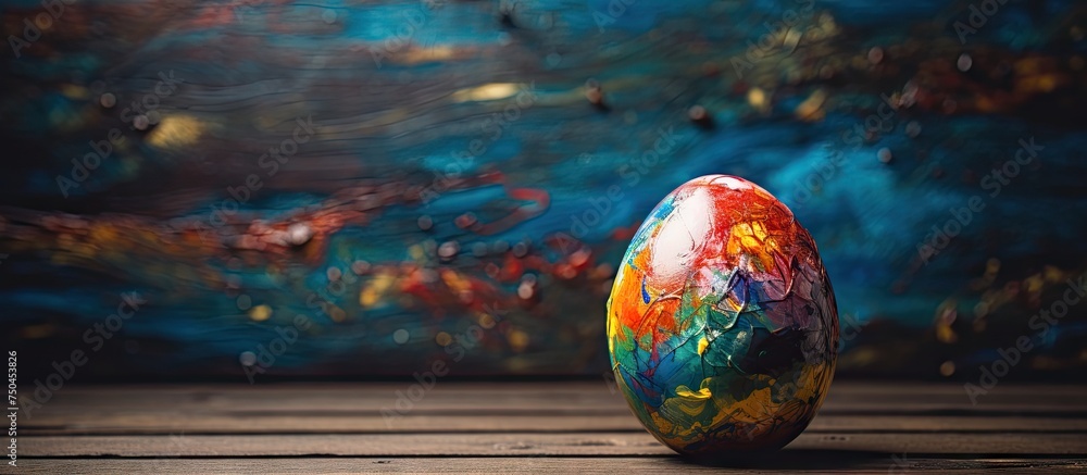 Poster artistic easter egg displayed on rustic wooden table with intricate wax paintings