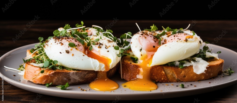 Poster delicious poached eggs on crispy baguette with flavorful sauce on the side