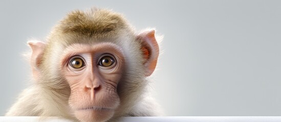 Curious Macaque Monkey Poses Close-Up, Captivating Portrait against White Backdrop - obrazy, fototapety, plakaty