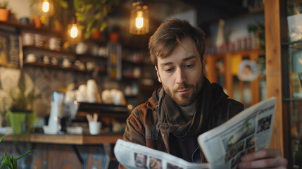A young man reading a newspaper, with a coffee shop in the background.