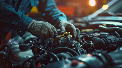 auto mechanic working in workshop, close up a car mechanic repairing car engine, service worker at the work