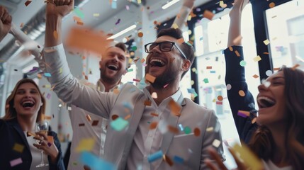 A joyful group of people celebrating with confetti. Perfect for party and celebration concepts