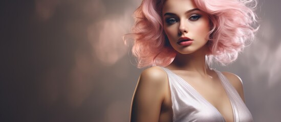 Elegant Woman with Vibrant Pink Hair Posing in a Stylish White Dress on a Shimmering Silver...